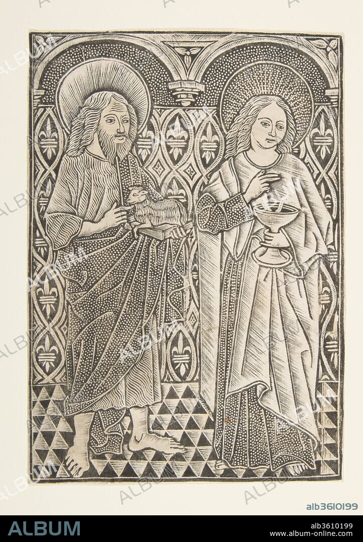 MASTER WITH THE COLOGNE ARMS (? ). Saint John the Baptist and Saint John the Evangelist. Artist: Master with the Cologne Arms (German, late 15th century) (?). Dimensions: 6-13/16 x 4-25/32 (trimmed to block line). Date: 15th century.