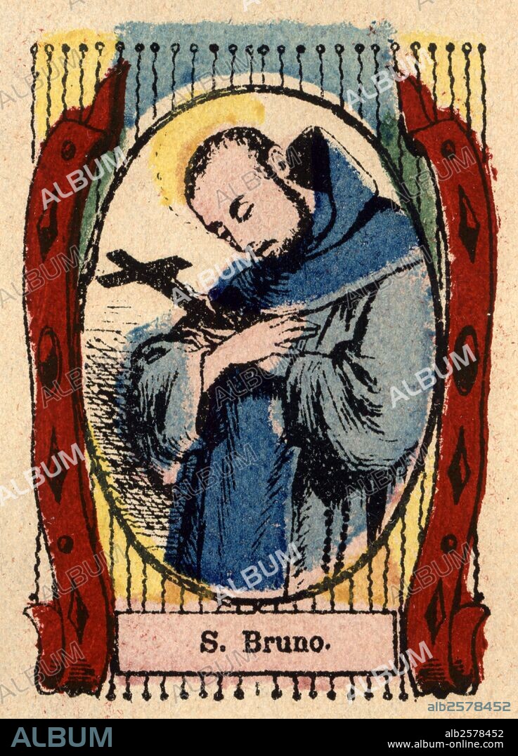San Bruno (1030-1101), fundador de la comunidad de los monjes cartujos. Grabado popular pintado a la trepa en 1870.