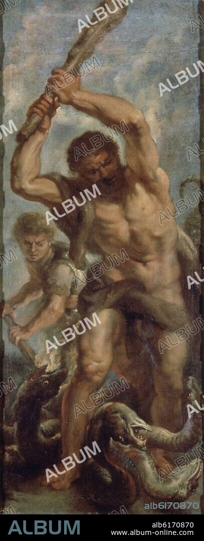 JUAN BAUTISTA MARTINEZ DEL MAZO (1611-1667). HERCULES Y LA HIDRA - SIGLO XVII - OLEO/LIENZO - 117 x 49 cm - NP 1710 - BARROCO ESPAÑOL - COPIA DE RUBENS.