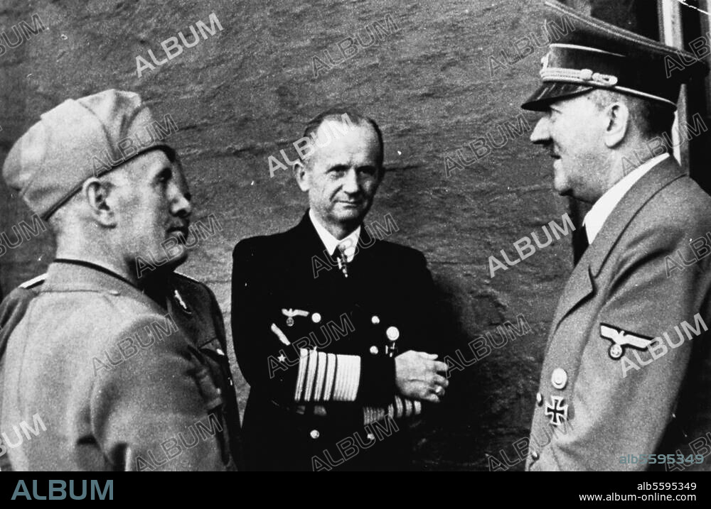 Hitler, Adolf Dictator (NSDAP). 1889-1945. Hitler with Mussolini & Admiral of the Fleet, Doenitz after the failed assassination attempt of 20 July 1944. Photo, 22 July 1944.