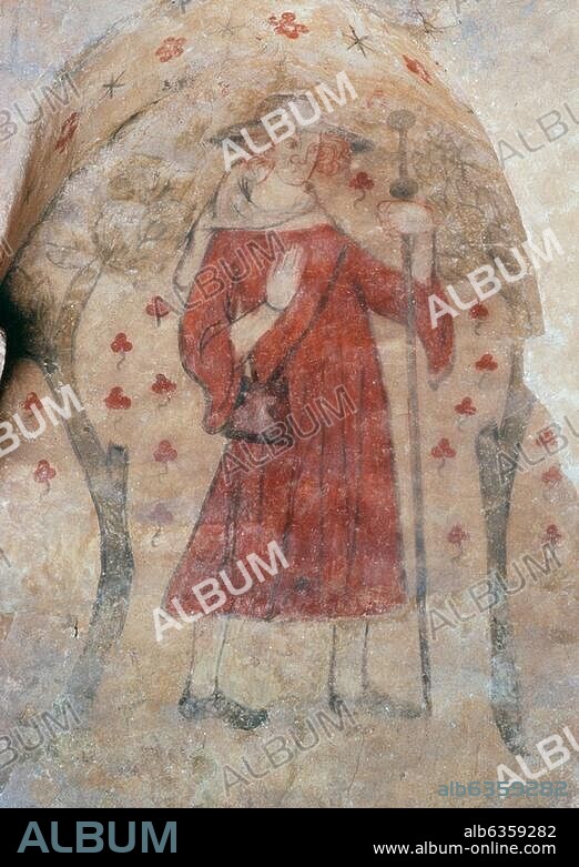 Religion / Pilger:. Pilger mit Pilgerstab. Wandmalerei, französisch, 13. Jh. Villeneuve d'Aveyron (Frankreich), Kirche Saint-Sauveur. (liegt am Pilgerweg nach Santiago de Compostela).