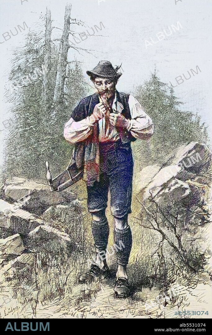 Holzfaller in the Bavarian Alps shouldered the legend after work and lights a pipe, Historisch, historical, digital improved reproduction of an original from the 19th century, colored.