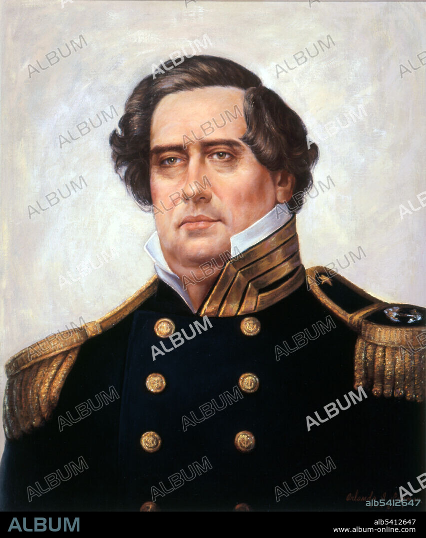 Matthew Calbraith Perry (April 10, 1794 - March 4, 1858) was a Commodore of the US Navy who commanded ships in several wars, including the War of 1812 and the Mexican-American War (1846–1848). He played a leading role in the opening of Japan to the West with the Convention of Kanagawa in 1854. Perry was interested in the education of naval officers, and assisted in the development of an apprentice system that helped establish the curriculum at the United States Naval Academy. He organized America's first corps of naval engineers, and conducted the first U.S. naval gunnery school. Oil painting by Orlando S. Lagman, 1853.