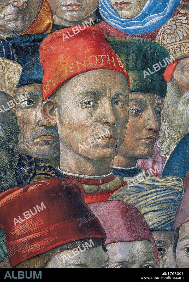 Journey of the Magi Court of King Caspar, by Benozzo di Lese di Sandro known as Benozzo Gozzoli, 1459, 15th Century, fresco,. Italy, Tuscany, Florence, Palazzo Medici-Riccardi, The Magi Chapel. Detail. Face young man courtesan skullcap wording self portrait.