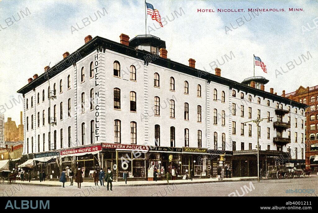 Nicollet Hotel, Minneapolis, Minnesota, USA, 1910. Vintage postcard showing the exterior of the hotel and the surrounding streets. Horse-drawn vehicles are parked on the street. The Northern Pacific Railroad office is on the first floor of the hotel. The hotel opened in 1871 and Oscar Wilde apparently spent a night there in 1882. It was demolished in 1923 and replaced by a much larger, 11-storey hotel.