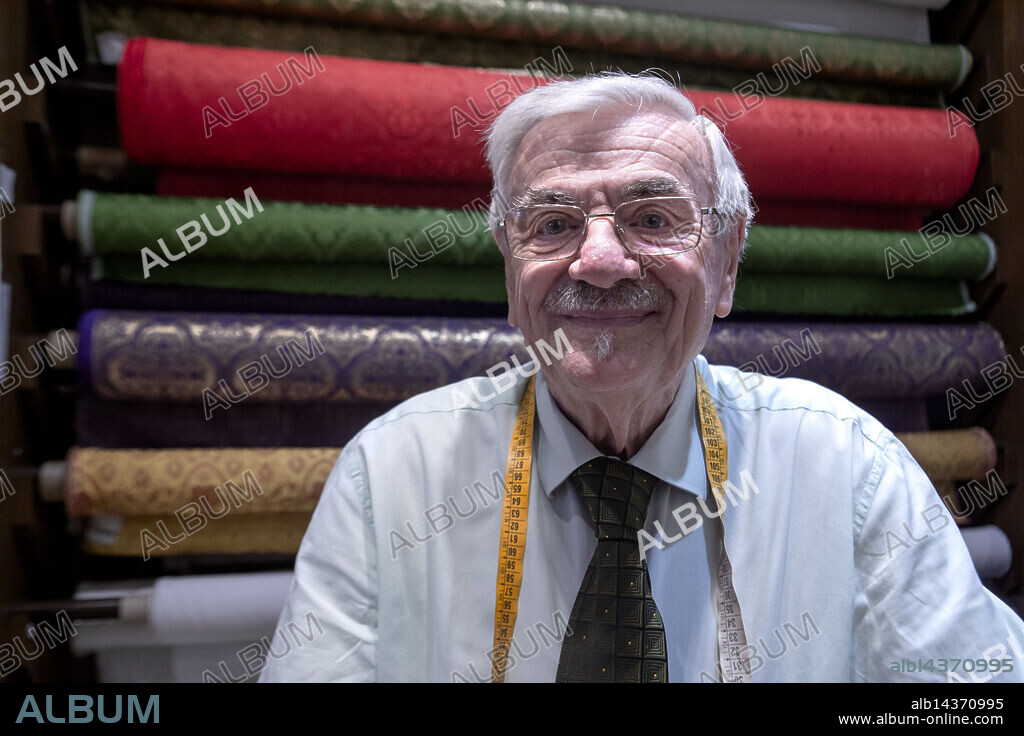 Vatican, Rome - May 6, 2025.The tailor Raniero Mancinelli in his atelier. Raniero Mancinelli, 86, has his atelier in Borgo Pio in Rome. He has dressed three different Popes, John Paul II, Benedict XVI and Francis. He is already waiting for the fourth pope who will be elected soon after the beginning of tomorrow's conclave. (Credit Image: © Maria Grazia Picciarella/ROPI via ZUMA Press).