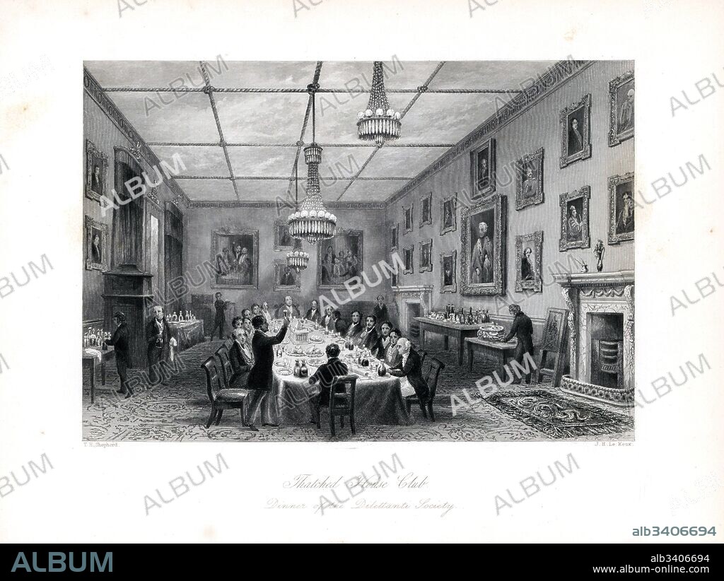 A toast during the Dilettanti Society dinner, Thatched House Tavern, St. James' Street. Members included Sir William Gell, Sir WIlliam Hamilton, Sir Henry Englefield, etc. Steel engraving by J.H. le Keux after an illustration by Thomas Hosmer Shepherd from London Interiors, Their Costumes and Ceremonies, Joshua Mead, London, 1841.