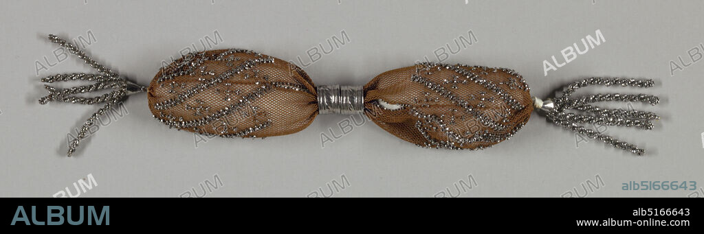 Miser's purse, Medium: silk, metal Technique: crochet, Crocheted reddish brown silk ornamented with cut steel beads in pattern of diagonal bars and crosses. Two steel rings control side opening; beaded tassels at either end., France, early 19th century, costume & accessories, Miser's purse.