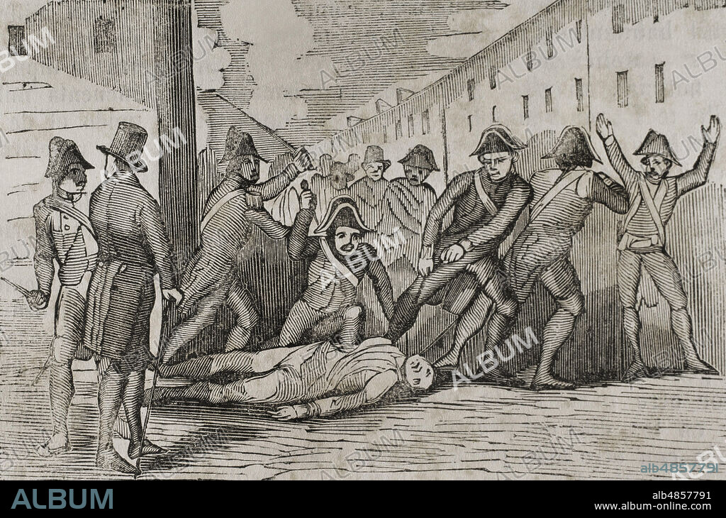 Guerra de la Independencia Española (1808-1814). El 24 de junio de 1808 fué asesinado en Villafranca del Bierzo, Antonio Filangieri Montalto, capitán general de Galicia, el cual era considerado afrancesado por su amistad con Murat. Su misión fué asentarse en la Capitanía de La Coruña para apaciguar la rebelión ciudadana. La Junta de Galicia, ante la imposibiliad de contener el alzamiento contra los franceses el 30 de mayo de 1808, formó un ejército con el objetivo de luchar contra las tropas napoleónicas, al frente del que se puso Filangieri rumbo a León. Estableció el cuartel general en Villafranca del Bierzo mientras realizaban operaciones en el Puerto del Manzanal. Un sargento al mando de un piquete de soldados, todos ellos del Regimiento Navarra, se dirigió a la habitación en la que residía Filangieri para asesinarle. Filangieri huyó, cayendo al suelo, siendo capturado por sus atacantes quienes lo mataron. Su cuerpo fué arrastrado por las calles de la población y abandonado hasta el día siguiente. Asesinato de Filangieri. Grabado. Historia del Levantamiento, Guerra y Revolución de España, por el Conde de Toreno, Madrid 1852.
