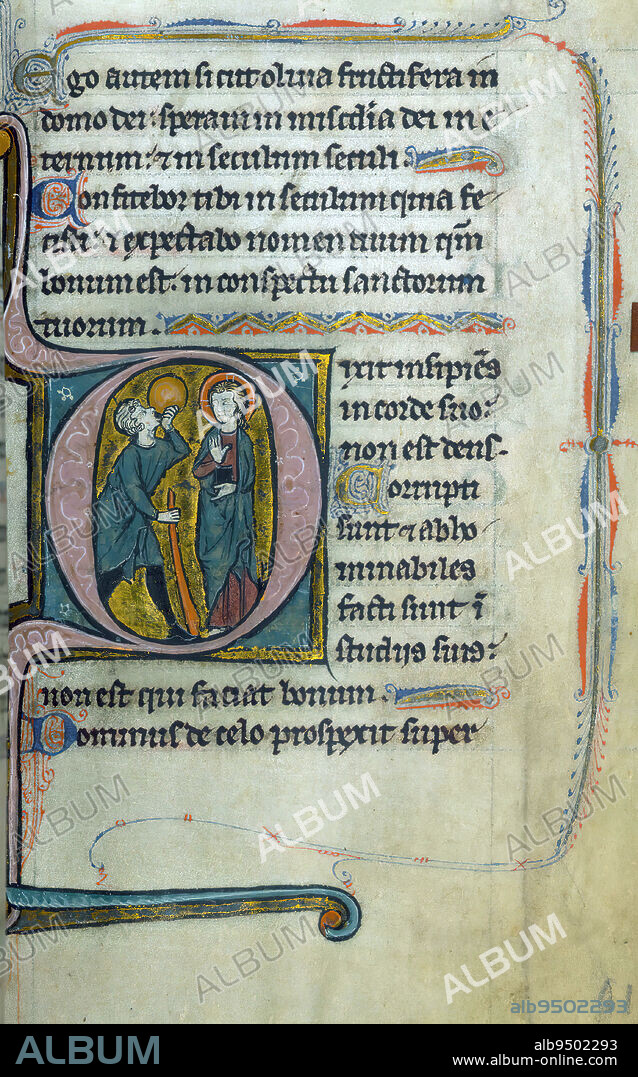 Psalter of Jernoul de Camphaing, Initial 'D' with Christ and the fool, This pocket-sized Biblical Psalter was produced for Jernoul de Camphaing in the third quarter of the thirteenth century. Although now misbound and missing some text and two images, the manuscript still retains eight lively historiated initials in a style typical of the region of Flanders that is now considered northeastern France. A small group of suffrages was added in the fourteenth century to originally blank folios at the end of the manuscript, a of sign of another generation of use.