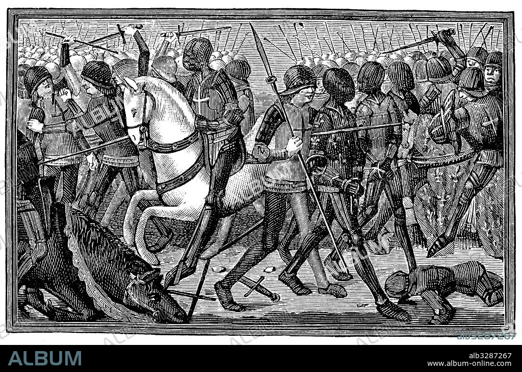 Historia. Batalla de Azincourt en 1415 en que el ejército feudal francés fue derrotado por las tropas inglesas. Grabado de 1906.
