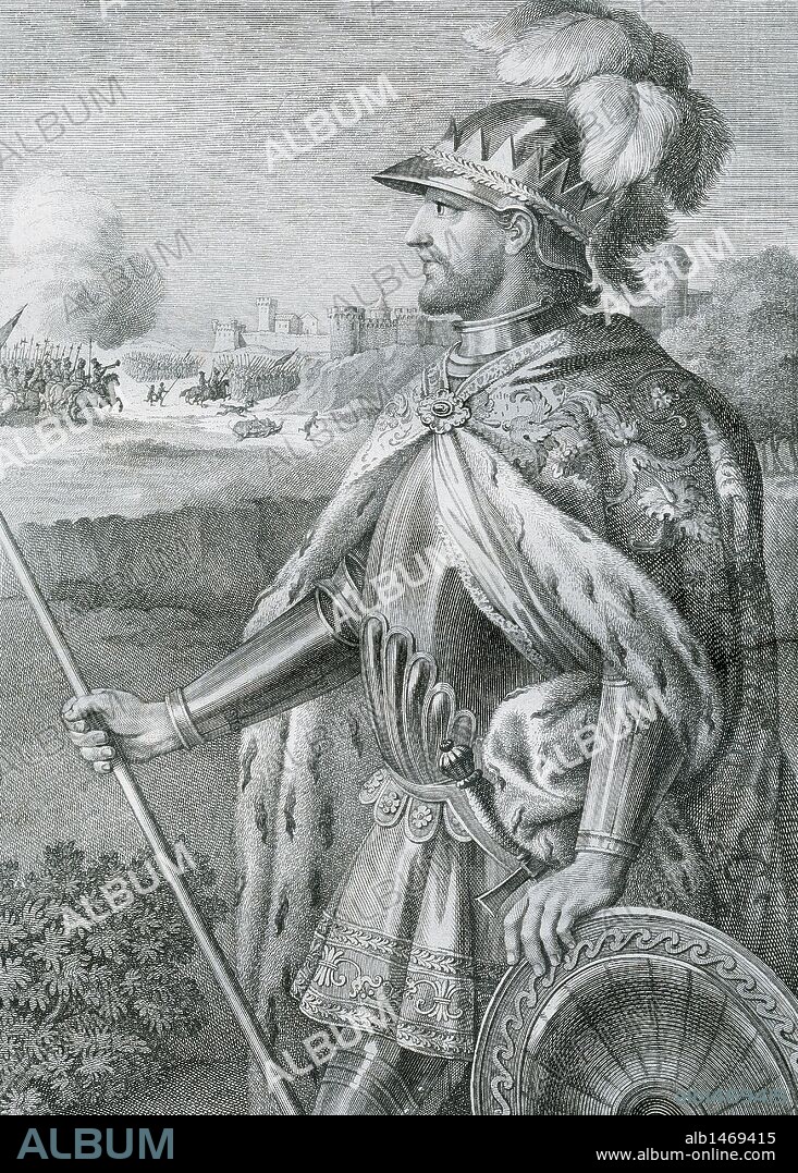 ENRIQUE II (1333-1379). Rey de Castilla (1369-1379). Hijo bastardo de Alfonso XI y primero de la dinastía de los Trastámara. S. XIV. Grabado de la obra "Crónicas de los Reyes de Castilla", del año 1779.