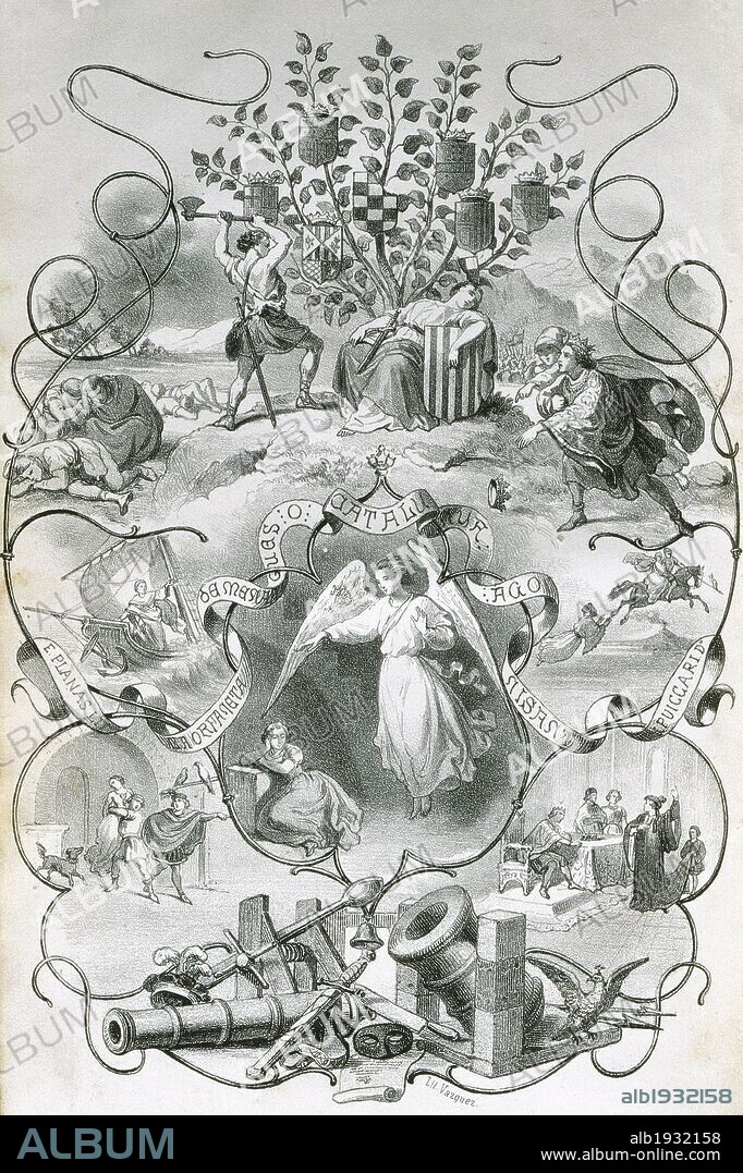 LITERATURA CATALANA. Siglo XIX BOFARULL, Antoni de (1821-1892). "LA ORFENETA DE MENARGUES". Portada de la edición impresa en Barcelona en 1862.