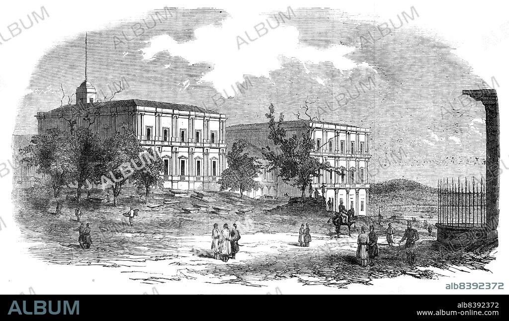 The French Military Barracks, outside Pera, 1854. Army quarters in Turkey during the Crimean War. 'This fine building was erected for a medical school, and was used as such until recently, when the Turks have permitted the French to use it as a Military Hospital. It is finely situated on the top of Dolmabagdsche-hill, and commands a splendid prospect of the Golden Horn...You can also see up the Bosphorus a considerable distance. The burying-gronnd at the back of it is an Armenian one ; but no one need fear its proximity, for, although travelers talk about the thick mist which hangs over the burying-grounds here, the reality is quite different. This one in particular is much resorted to as a promenade. At the foot of this hill is the Sultan's new palace, a small portion of which is visible in the Sketch'. From "Illustrated London News", 1854.