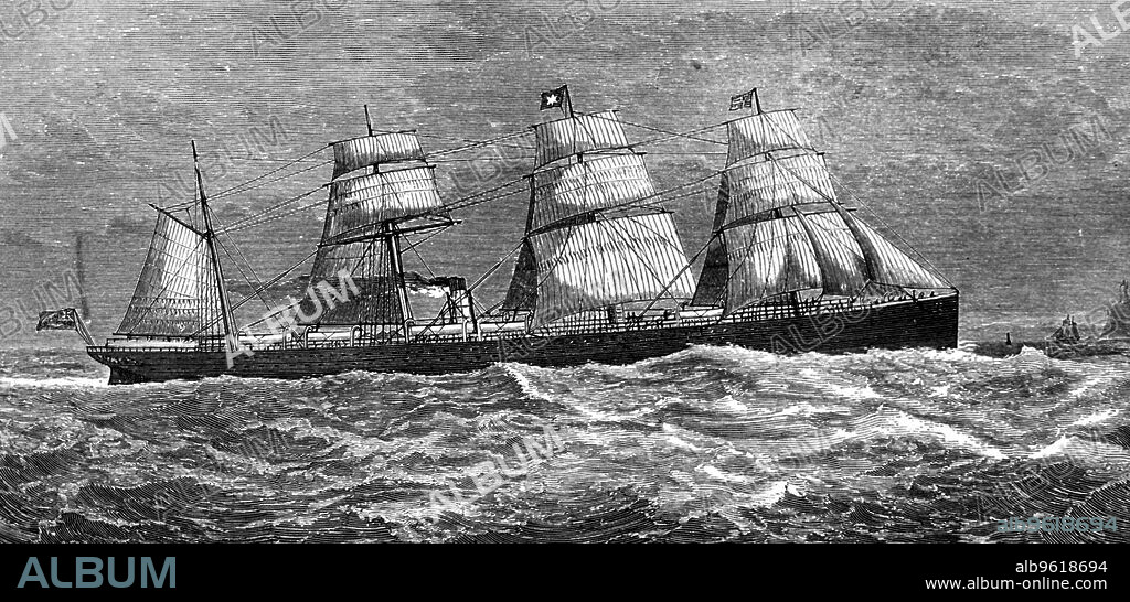 White Star Line's steamer 'Oceanic', 1871. Built in 1870 by Harland and Wolff at Belfast, the 'Oceanic' was the first liner built for the White Star Line. Powered by a combination of steam and sail, she had a crew of 143 and could carry 166 first class and 1000 third class passengers. The 'Oceanic' made her maiden voyage on 2nd March 1871 and continued to operate on the transatlantic route between Liverpool and New York until March 1875, before being chartered to the Occidental and Oriental Steamship Company, sailing between San Francisco, Yokohama and Hong Kong.