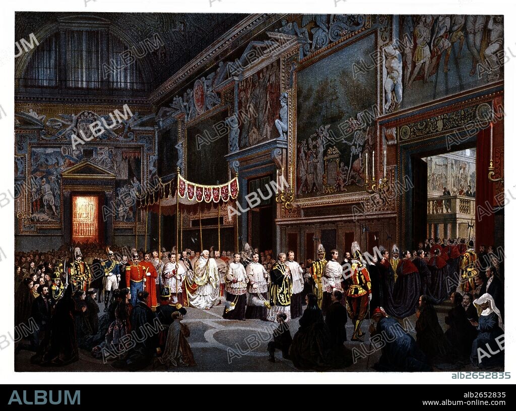 Ceremonias pontificias. Siglo XIX. Ciudad del Vaticano. Procesión del Santo Sacramento hacia la capilla sixtina. Grabado en color de 1871.