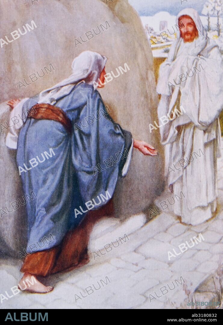 Jesus appears as a resurrection to Mary Magdalene. Illustration by Arthur A. Dixon 1872-1959. From the Precious Gift: Bible Stories for Children by T W Wilson (1910).