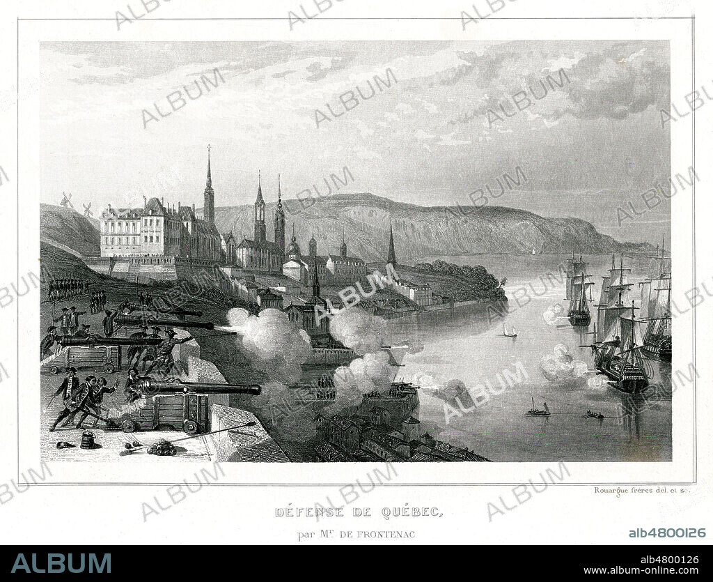 Defense de Quebec en 1690 par Louis de BUADE de FRONTENAC (1622-1698). Illustration de ROUARGUE freres pour Les Navigateurs francais. par Leon GUERIN (1807-1885). Credit : Collection Jonas/Kharbine-Tapabor.