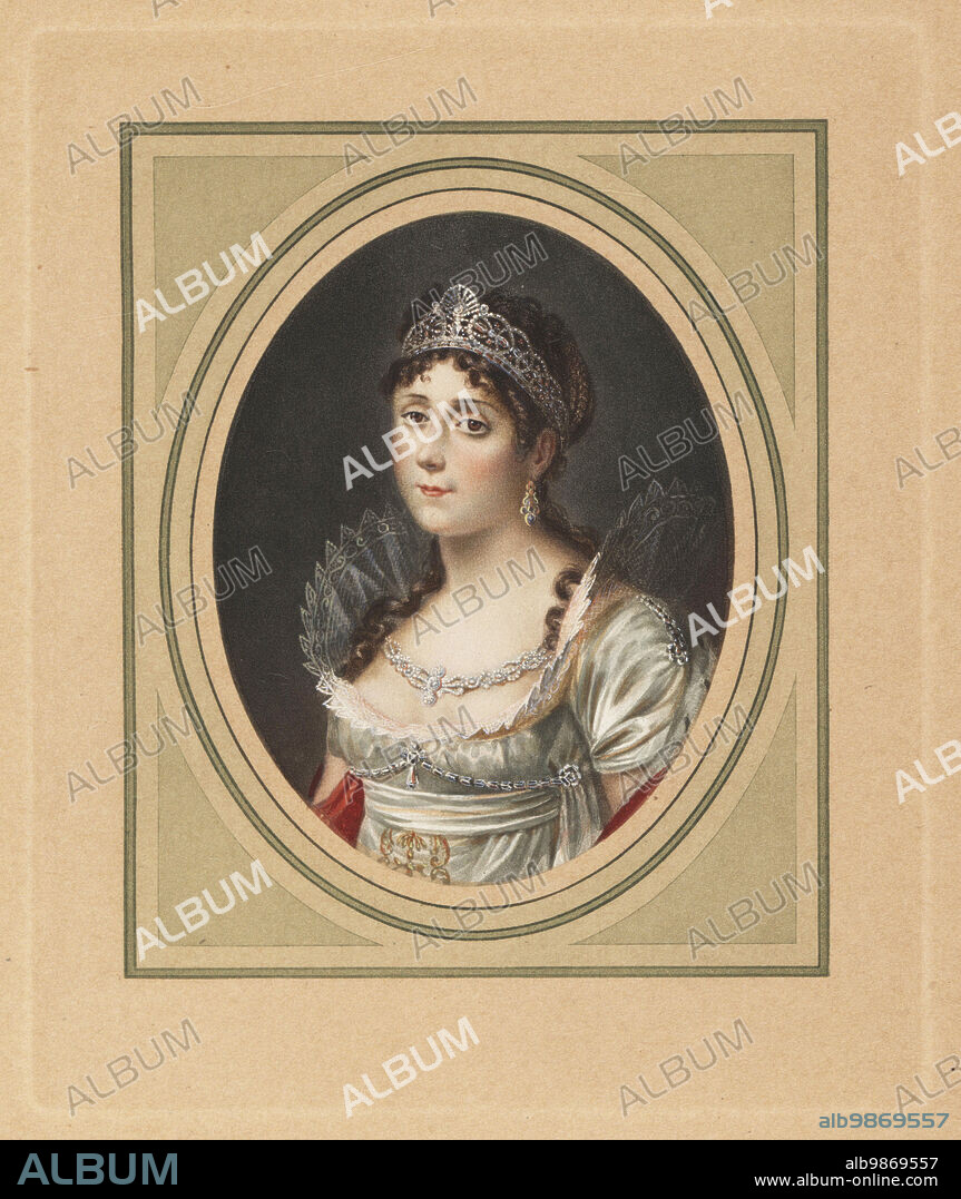Josephine Bonaparte, Marie-Joseph-Rose Tascher de la Pagerie, Empress to Napoleon Bonaparte, 1763-1814. Josephine, Imperatrice et Reine. Miniature after a portrait by François Gérard. Colour mezzotint by Michel Manzi and Maurice Joyant from Frederic Massons Napoleon et les Femmes, Napoleon and the Fair Sex, Goupil, Paris, 1906.