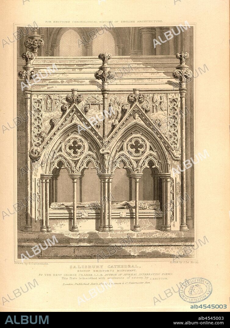 Salisbury Cathedral, Bishop Bridport Monument, Tomb of Giles of Bridport at the Salisbury Cathedral, Wiltshire, signed: Drawn by G. Cattermole; Etch'd by J. Le Keux; Published by Longman & Co, Fig. 48, p. 260, Cattermole, George (drawing); Keux, John Le (etching); Longman & Co. (published), 1821, John Britton: The architectural antiquities of Great Britain: represented and illustrated in a series of views, elevations, plans, sections and details of various ancient English edifices: with historical and descriptive accounts of each. Bd. 5. London: J. Taylor, 1807-1826.