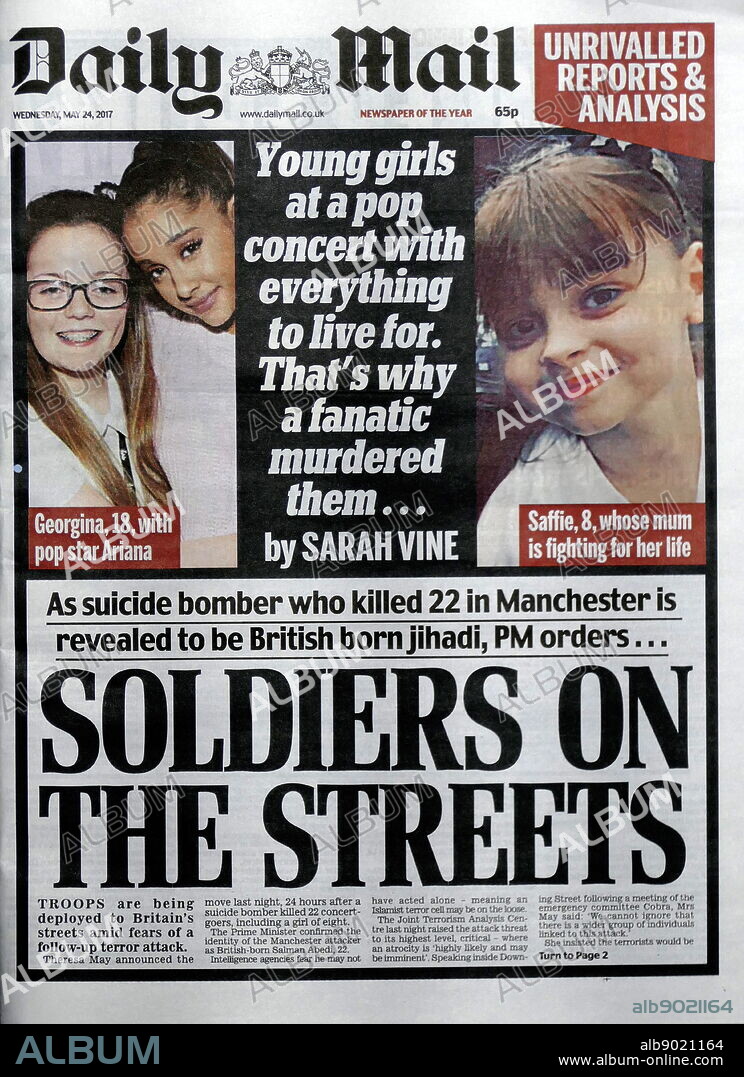 British newspaper headline and front page, during the days following the 22 May 2017, suicide bombing, carried out at Manchester Arena in Manchester, England, following a concert by American singer Ariana Grande.