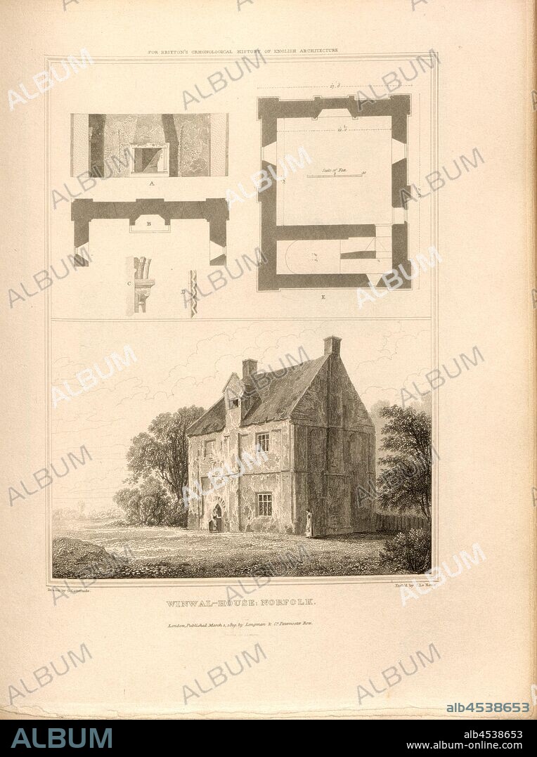 Winwal-House, Norfolk, Layout and view of Winwal House in Norfolk, signed: Drawn by G. Cattermole; Etch'd by J. Le Keux; Published by Longman & Co, Fig. 25, after p. 260, Cattermole, George (drawing); Keux, John Le (etching); Longman & Co. (published), 1819, John Britton: The architectural antiquities of Great Britain: represented and illustrated in a series of views, elevations, plans, sections and details of various ancient English edifices: with historical and descriptive accounts of each. Bd. 5. London: J. Taylor, 1807-1826.