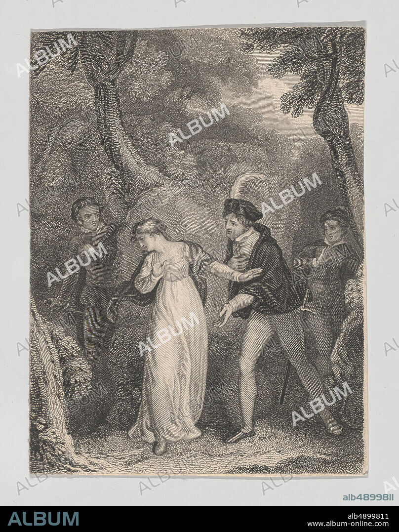 Charles Heath, the elder, Silvia, Proteus, Valentine and Julia (Shakespeare, Two Gentlemen of Verona, Act 5, Scene 4), Charles Heath, the elder (British, London 17851848 London), After John Massey Wright (British, London 17771866), William Shakespeare (British, Stratford-upon-Avon 15641616 Stratford-upon-Avon), 182540, Etching and engraving, Sheet: 3 7/16 × 2 9/16 in. (8.8 × 6.5 cm), Prints.