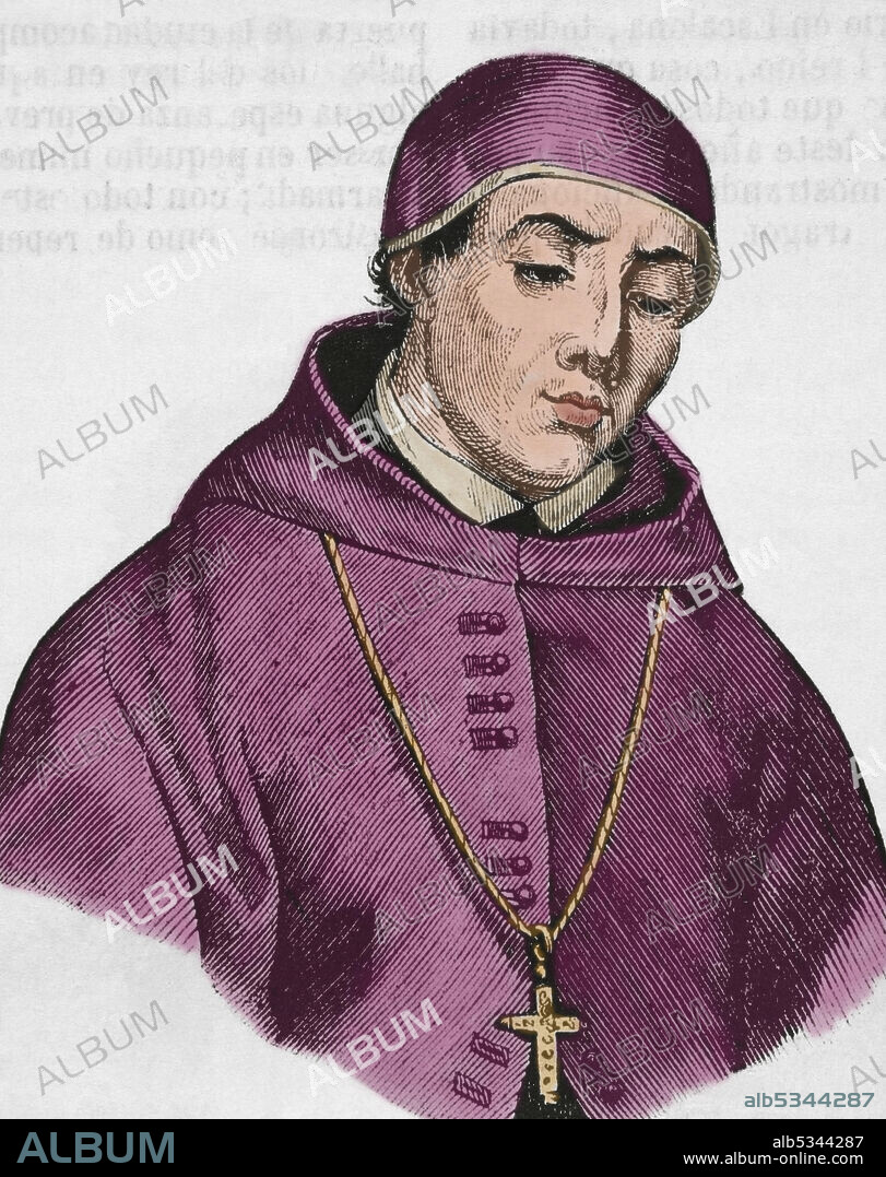 Alonso Fernández de Madrigal, conocido como "el Tostado" o "el Abulense" (1410-1455). Clérigo, académico y escritor español. Obispo de Avila entre 1454-1455. Retrato. Grabado. Coloreado. Historia General de España por el Padre Mariana. Madrid, 1852.