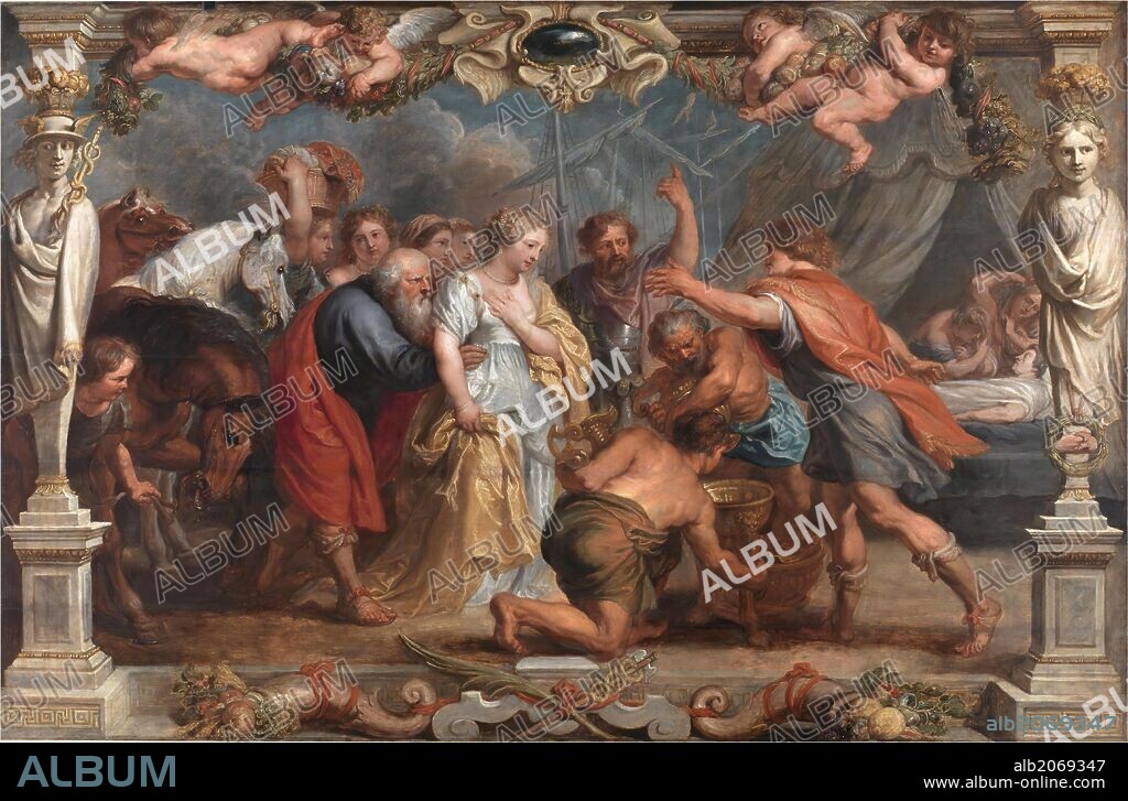 PETER PAUL RUBENS (y taller). Pedro Pablo Rubens (y taller) / 'Briseida devuelta a Aquiles por Néstor', 1630-1635, Escuela Flamenca, Óleo sobre Tabla, 107,5 cm x 163 cm, P02566.