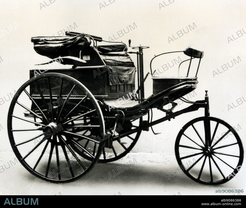 Benz motor car 1888 - a three-wheeled vehicle with a horizontal single cylinder motor designed by Carl Benz. This example is probably the first petrol car brought into England. ©TopFoto.