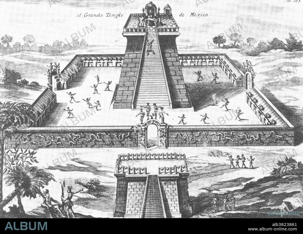 Aztec priests sacrificing prisoners to the god Huitzilopochtli at the great temple of Tenochtitlan. Wide stairs lead to the platform where Hernan Cortes attempted to stop Montezuma from making a human sacrifice. Tenochtilan was the capital of the Aztec empire, founded in 1325, destroyed by the Spaniards in 1521 and now the site of Mexico City.