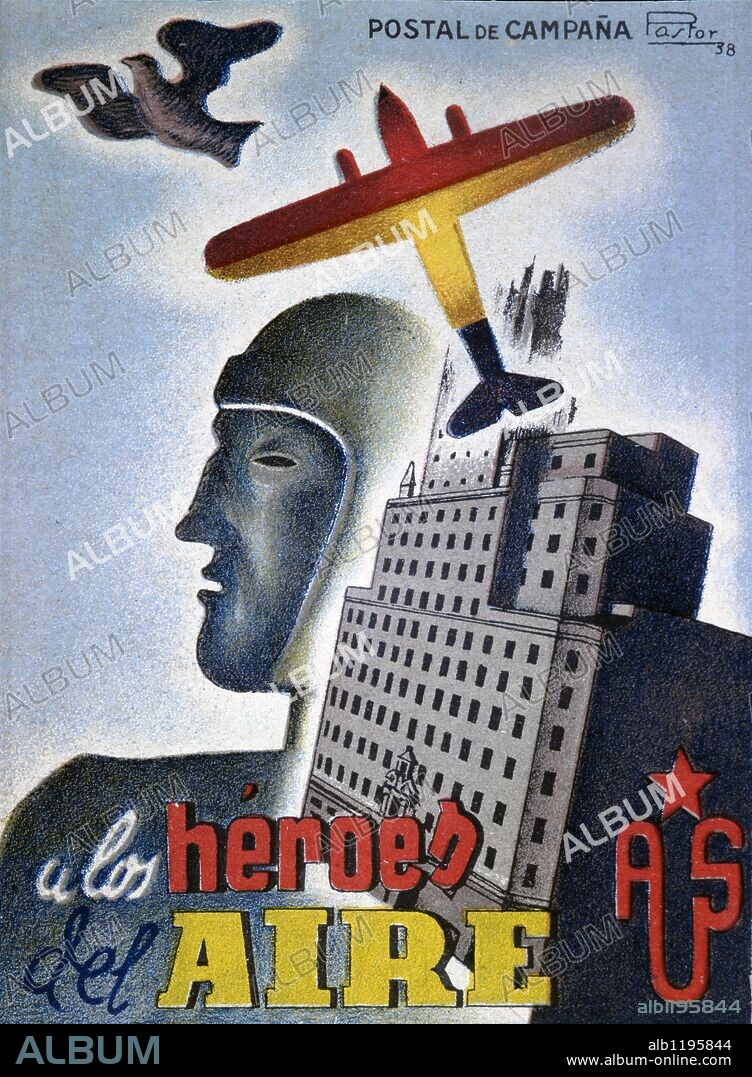 Tarjeta postal republicana de Campaña dedicada a los Heroes del Aire-Aus (Amigos de la Unión Soviética) publicada por el Comité Provincial de Madrid. Dibujo de Pastor. Año 1938. Guerra Civil 1936-39.