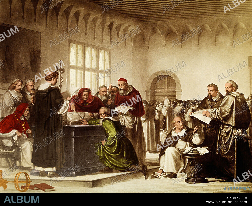 Galileo Galilei at his trial by the Inquisition in Rome in 1633. He is shown pushing away the Bible. Galileo Galilei (February 15, 1564 - January 8, 1642) was an Italian physicist, mathematician, astronomer and philosopher. Galileo was the first to successfully use a telescope to observe the heavens, discovering new stars, mountains on the Moon, and the phases of Venus. His discovery of moons that circled Jupiter, not the Earth, offered support for the controversial Copernican system that removed the Earth from the centre of the Solar system. This brought Galileo into conflict with the Catholic Church. After writing his Dialogue on the Two Chief World Systems in 1632, he was tried and found guilty of heresy, forced to recant his views, and placed under house arrest for the rest of his life.