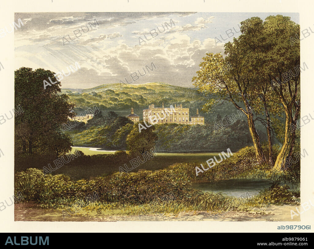 Denton Hall, Yorkshire, England. Neoclassical mansion designed by John Carr in 1778 for Sir James Ibbetson, 2nd Bart. Home of Marmaduke Wyvill, MP and chess master. Colour woodblock by Benjamin Fawcett in the Baxter process of an illustration by Alexander Francis Lydon from Reverend Francis Orpen Morriss A Series of Picturesque Views of the Seats of Noblemen and Gentlemen of Great Britain and Ireland, William Mackenzie, London, 1880.