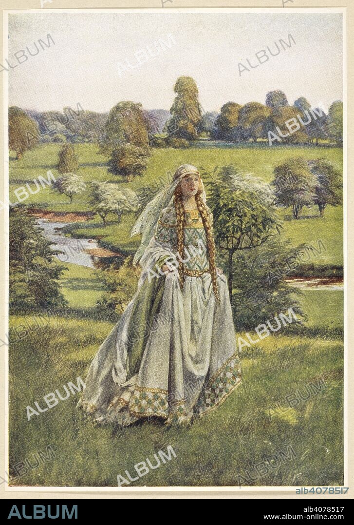 ELEANOR FORTESCUE-BRICKDALE. Guinevere. Eleanor Fortescue Brickdale's Golden Book of Famous Women. [The text by various authors. The illustrations by E. F. Brickdale.]. London : Hodder & Stoughton, [1919]. Source: LR.26.c.10 opposite page 132.