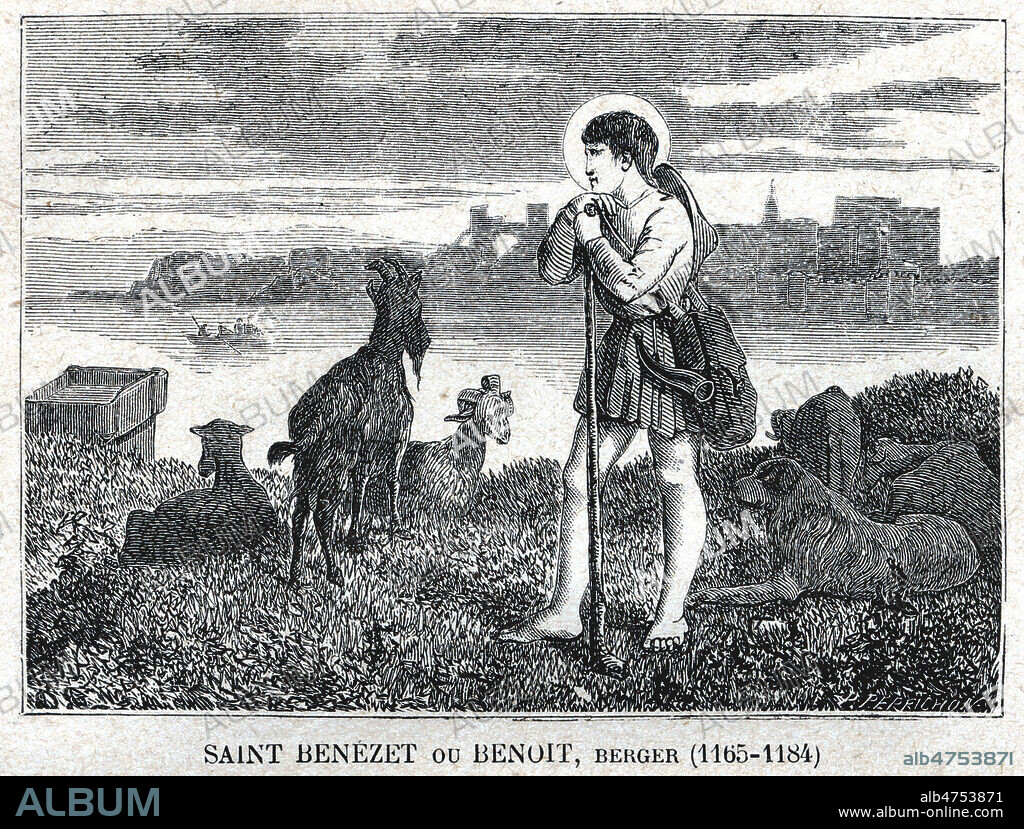 SAINT Benezet, Berger (12eme s) - fete le 14 avril. Illustration de 1867 par Diodore RAHOULT (1819-1874) pour La vie des Saint pour tous les jours de l'année par L'Abbe L. JAUD. Credit : Collection Jonas/Kharbine-Tapabor.