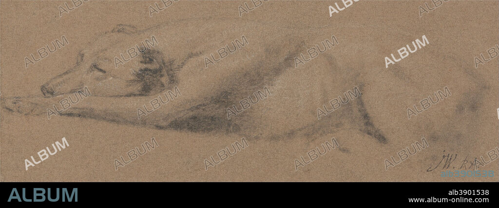 JAMES WARD. Study of a Sleeping Dog. Drawing. Black and white chalk on medium, slightly textured, brown wove paper. Height: 159 mm (6.25 in); Width: 286 mm (11.25 in).