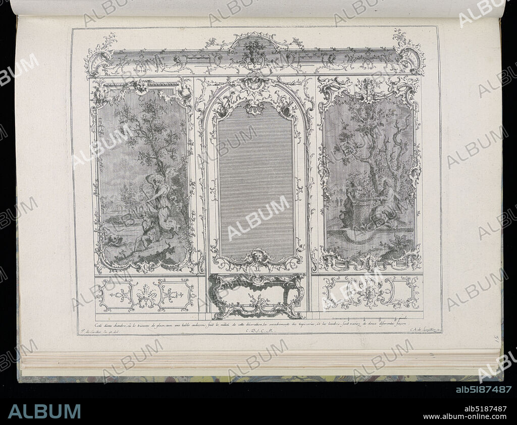 Wall with Central Mirror, Console Table, and Tapestries, Nouveaux desseins de Lambris (New Wainscoting Designs), François de Cuvilliés the Elder, Belgian, active Germany, 1695 - 1768, Carl Albert von Lespilliez, German, 1723 - 1796, François de Cuvilliés the Elder, Belgian, active Germany, 1695 - 1768, Engraving on paper, Design for interior in Rococo style with wainscoting. At center, a large framed mirror with a console table below. Surrounding the mirror are two figural tapestries, each depicting different scenes and with alternative stucco framing. At left, a scene with a winged angel, male figure, and a dolphin. At right, a man and woman collect water from a well. Scale at lower right., Munich, Germany, 18th century, albums (bound) & books, Bound print, Bound print.