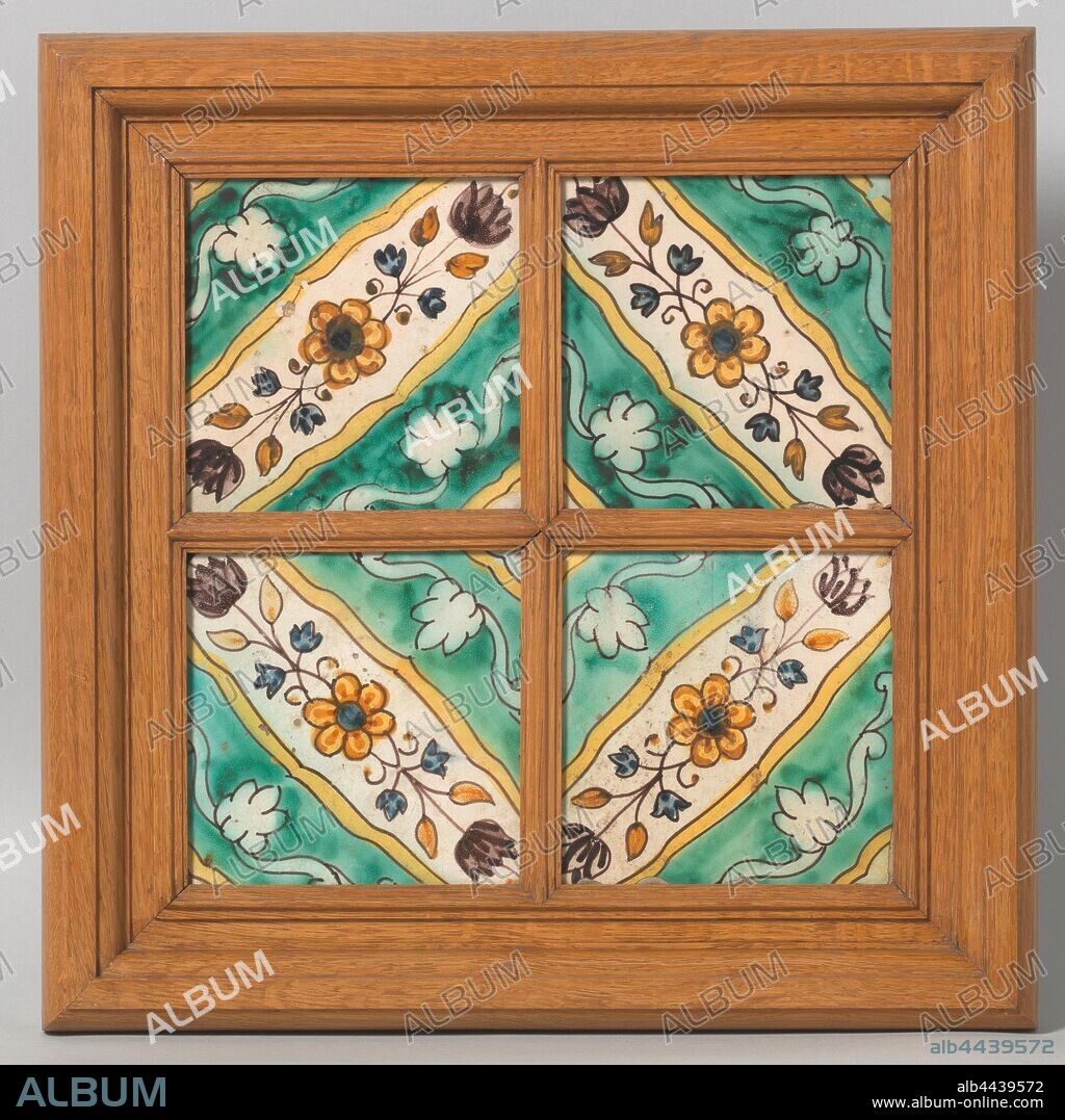 Four ceramic tiles, Four ceramic tiles (in modern wooden frame). Painted in blue, yellow, orange, green and manganese. Five diagonal strips on each tile, separated by yellow brace-shaped bands. On the middle strip a rosette with flowers on both sides on a white background. The strips alongside with a flower vine saved in a green background., anonymous, Spain, 1700 - 1800, earthenware, h 13 cm × w 13 cm h 34 cm × w 34 cm × d 3.5 cm.