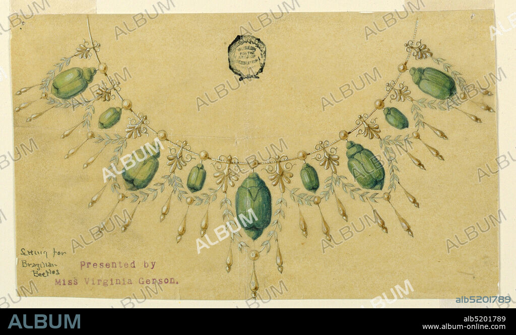 Design for Necklace with Brazilian Beetles, Graphite, brush and watercolor, white heightening on tracing paper, Palmettes and beads alternate from the chain. The palmettes support festoons, from the beads hang nine beetles of three sizes. Drops hang from the festoons., USA, ca. 1900, jewelry, Drawing, Drawing.