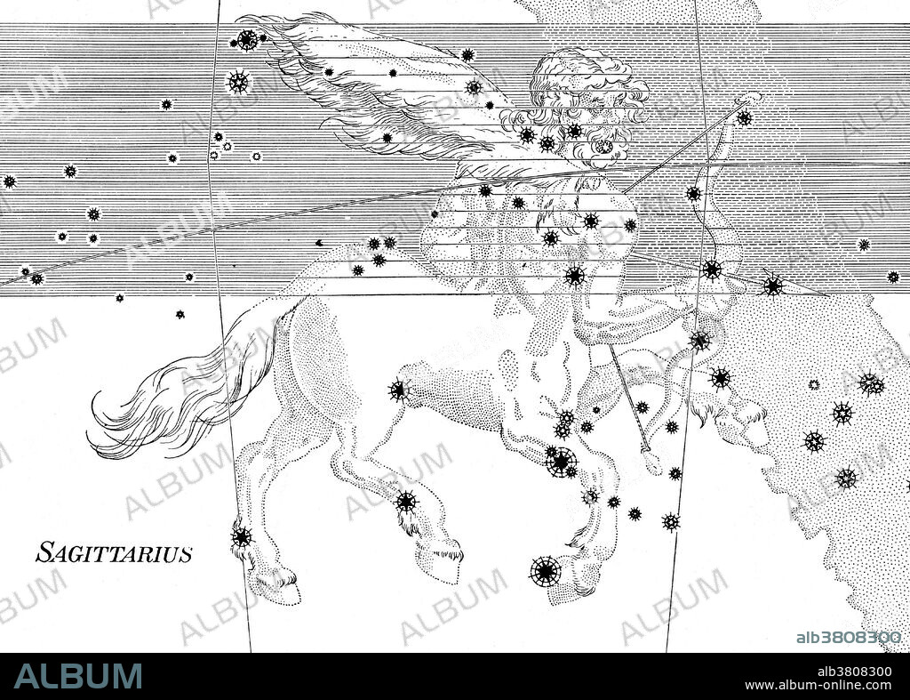 Sagittarius constellation from Johann Bayer's star atlas Uranometria Omnium Asterismorum, 1603. Sagittarius is a constellation of the zodiac, the one containing the galactic center. Its name is Latin for the archer. It is one of the 48 constellations described by the 2nd century astronomer Ptolemy, and remains one of the 88 modern constellations defined by the International Astronomical Union. Sagittarius is commonly represented as a centaur drawing a bow. It lies between Ophiuchus to the west and Capricornus to the east. In Greek mythology, Sagittarius is identified as a centaur: half human, half horse. Sagittarius is the ninth astrological sign, which is associated with the constellation Sagittarius. It spans the 240-270th degree of the zodiac, between 234.75 and 270 degree of celestial longitude, which the Sun transits on average between November 23 to December 21 each year. Johann Bayer's star atlas Uranometria Omnium Asterismorum was the first atlas to cover the entire celestial sphere. The Uranometria introduced a new system of star designation which has become known as the Bayer designation. His atlas added 12 new constellations to fill in the far south of the night sky, which was unknown to ancient Greece and Rome.