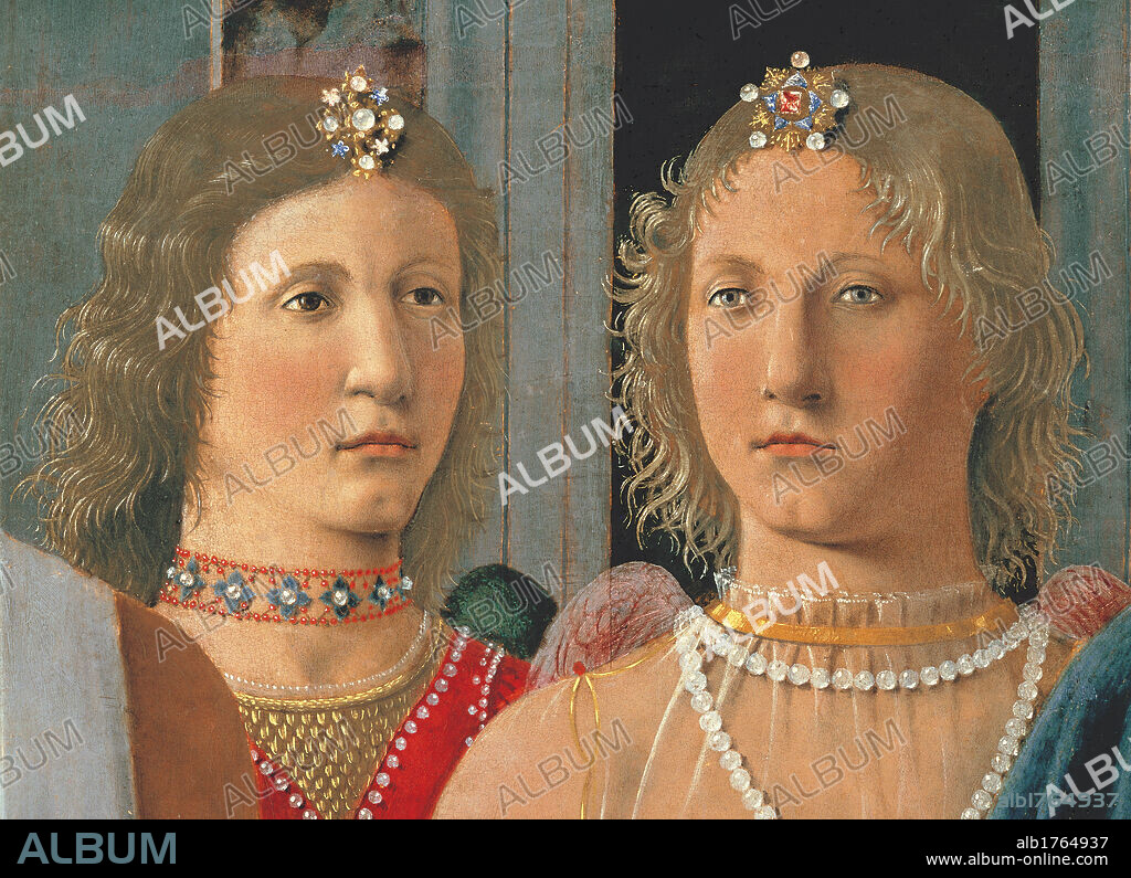 Montefeltro Altarpiece, by Pietro di Benedetto dei Franceschi known as Piero della Francesca, 1472-1474, 15th Century, oil and tempera on panel, cm 248 x 170. Italy, Lombardy, Milan, Brera Art Gallery. Detail. Faces two figures women necklace pin after the renovation. Authorization required for non editorial use.