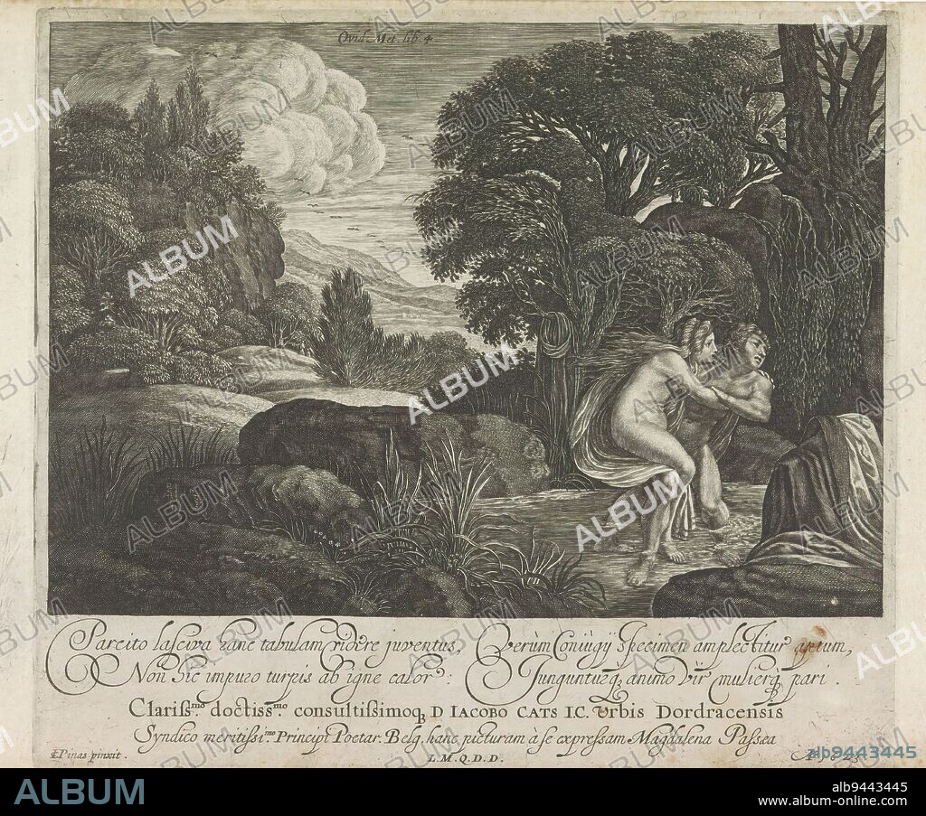 Salmacis and Hermaphroditus, Metamorphoses of Ovid (series title), Hermaphroditus, the child of Hermes and Aphrodite (Mercury and Venus), wades through the lake in which the nymph Salmacis dwells. Salmacis, one of Diana's nymphs, fell in love with Hermaphroditus. She clings to him so that their bodies will fuse. Hermaphroditus tries to resist her embraces. Below, a four-line caption and dedication in Latin., print maker: Magdalena van de Passe, after painting by: Jacob Symonsz Pynas, (mentioned on object), publisher: Crispijn van de Passe (II), (attributed to), Dordrecht, 1623 and/or c. 1636 - 1670, paper, engraving, height 204 mm × width 231 mm.