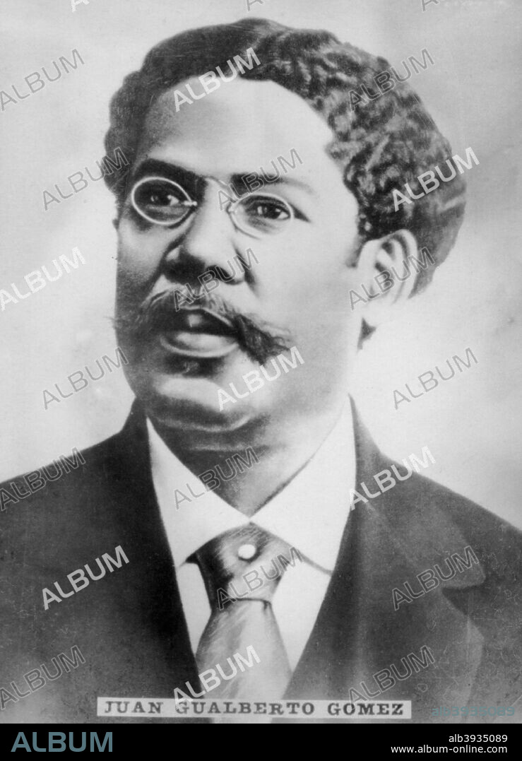 Juan Gualberto Gomez. Journalist, speaker and patriot; born in Santa Ana (Matanzas) in 1854. Marti was appointed delegate of the Cuban Revolutionary Party. Addressed equality and was able to influence  the Supreme Court of Spain  and declared legal the separatist doctrine. After the uprising in Ibarra in 1895, he was a senator and died 1933. Cigar card from the History of Cuba, Geografico Universal, Propaganda de los Cigarros Susini y La Corona, Tabacalera Cubana.