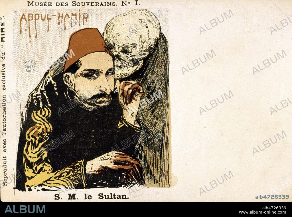 ABDUL-HAMID II (1842-1918) et la mort, appele le sultan rouge ou le grand saigneur, apres les nombreux massacres des populations armeniennes entre 1894 et 1895 en Turquie. - Serie de cartes postales, caricatures de personnalites politiques, Le Musee des Souverains , illustrations de Charles LEANDRE (1862-1932) vers 1899-1900 . Credit JEAN VIGNE/KHARBINE TAPABOR.