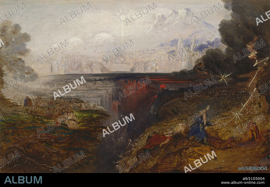 The Last Judgement (study), John Martin, 17891854, British, between 1851 and 1853, Oil on panel, Support (PTG): 7 3/4 x 12 inches (19.7 x 30.5 cm), angels, clouds, death, destruction, disaster, earthquake, falling, fire, gorge, landscape, lightning, people, ravine, religious and mythological subject, science, smoke, stars, study (visual work), the fall of the damned ~ Last Judgement, unfinished.
