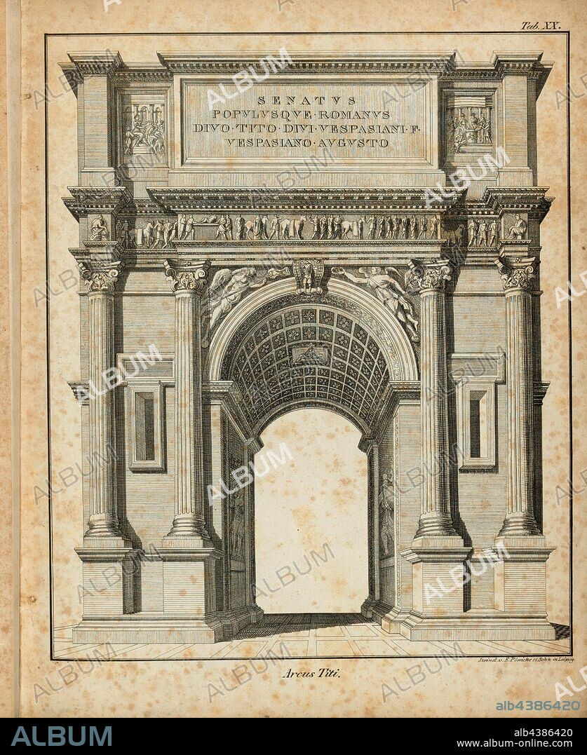 Arcus Titi, Arch of the Titus in Rome, signed: Steindr., v, E. Pönicke et son, Tab. XX, Pönicke, E. et Sohn (Steindr.), Franz Heinrich Köhler: Urbs Roma: Ansichten der Tempel, Paläste, Theater, Amphitheater, Triumphbogen, Porticus, Circi, Naumachieen, Basilieae, Grabmäler, Wasserleitungen, Thore, Bäder, Ehrensäulen, Obelisken etc. Bd. 2. Leipzig: Köhler, 1829.