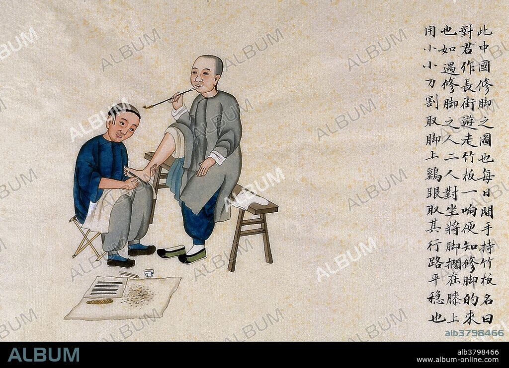 A foot doctor at work: the male patient is seated on a bench and smoking a pipe. Massage in Traditional Chinese Medicine is known as An Mo (pressing and rubbing) or Qigong Massage, and is the foundation of Japan's Anma. Categories include Pu Tong An Mo (general massage), Tui Na An Mo (pushing and grasping massage), Dian Xue An Mo (cavity pressing massage), and Qi An Mo (energy massage). Tui na focuses on pushing, stretching, and kneading muscles, and Zhi Ya focuses on pinching and pressing at acupressure points. Technique such as friction and vibration are used as well. The Chinese foot massage has been practiced for centuries and is a popular pastime in China. The process consists of a foot bath followed by an intense massage on various pressure points in the feet, ankles, and legs. For many Westerners, a traditional Chinese massage can be painful the first time. The ancient Chinese medical text, Huangdi Neijing, has been consulted for more than two millennia. It was written by the Yellow Emperor. In the text, the emperor recommends massage for healing and health. Watercolor by Zhou Pei Qun, 1890s.
