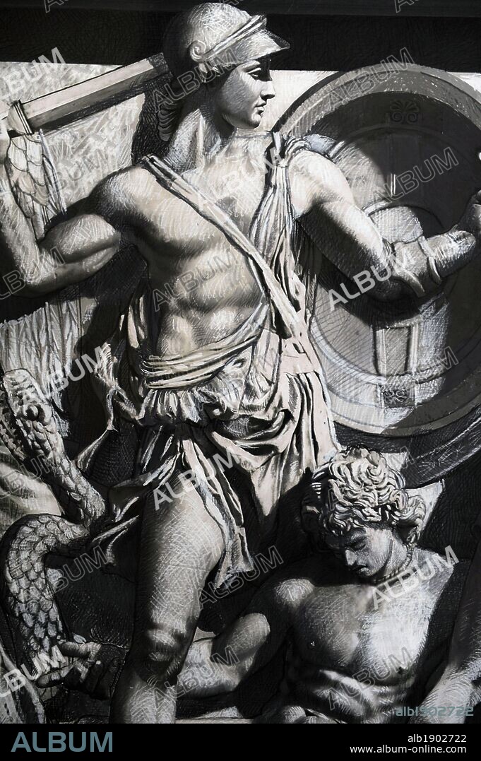 Pergamon Altar. Yadegar Asisi (born 1955). Artistic attempt to restore the North Frieze using the part of the frieze not shown in the panorama in order to complete the figures and scenes. An armored God, probably Eter, fight with a giant. Pergamon Museum. Berlin. Germany.