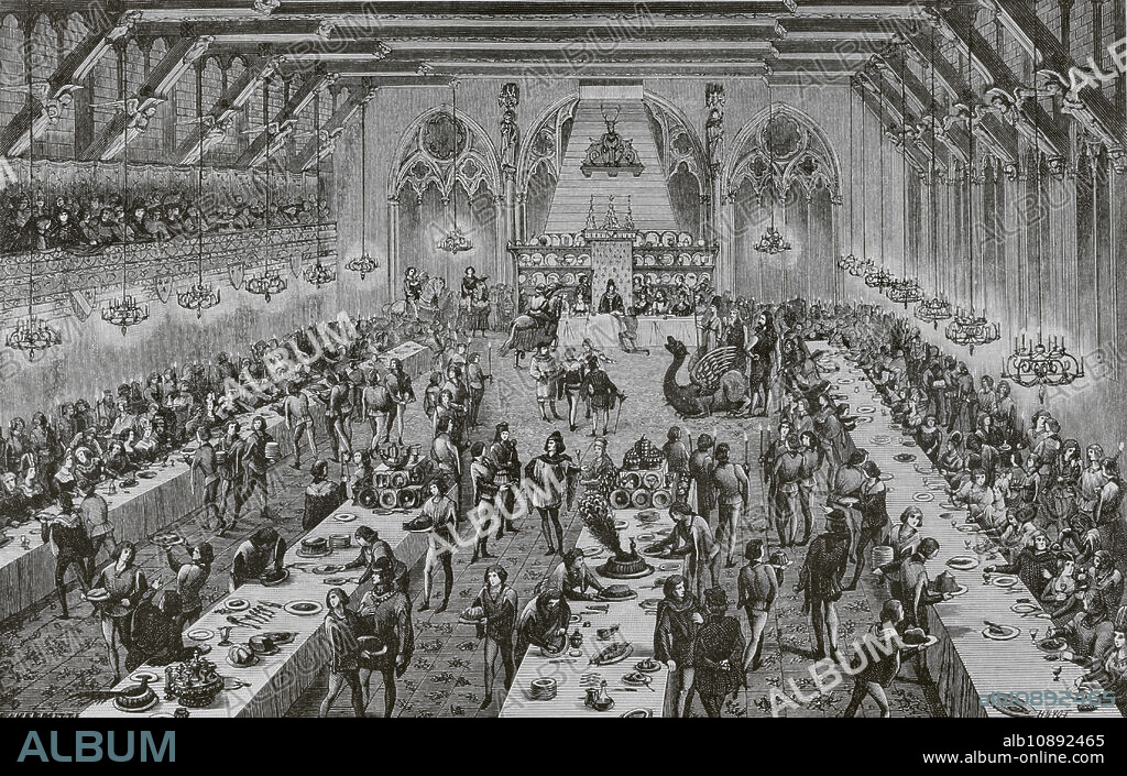 Grand ceremonial banquet at the French Court in the 14th century, with "entremets" (dishes that were served after roasts, vegetables and sweets). Engraving by Huyot from "Dictionnaire raisonné du mobilier français de l'époque carlovingienne à la Renaissance" by Viollet-le-Duc (1814-1879). "Moeurs, usages et costumes au moyen-âge et à l'époque de la Renaissance", by Paul Lacroix. Paris, 1878.